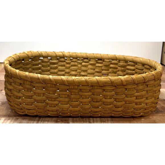 VTG Nantucket Basket Large Oval Hand Painted Folk Village Scene Wood Bottom - Picture 5 of 6